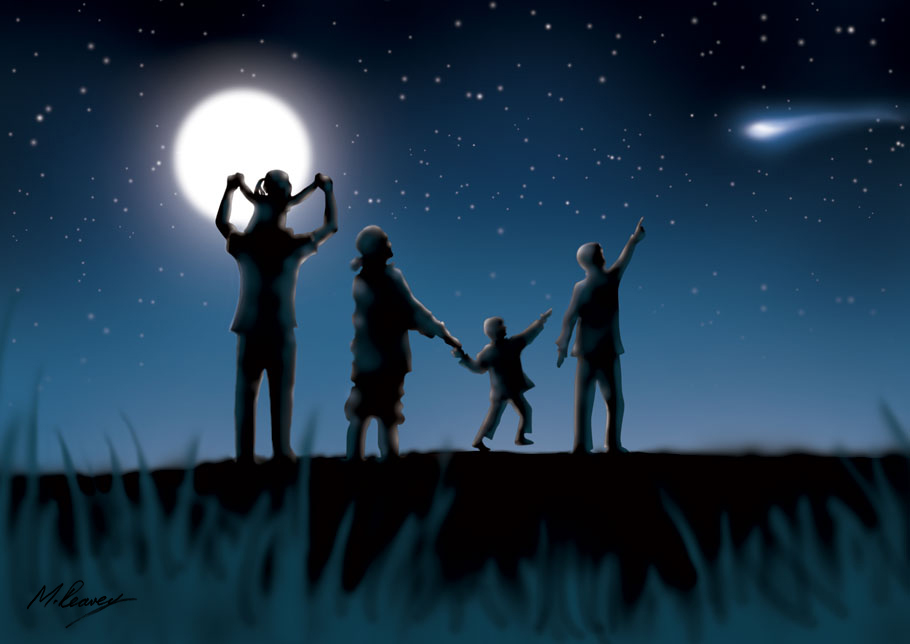 family looking up at shooting star